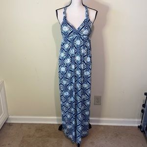 Boho Blue Geometric Halter Maxi Dress Beach Vacation Resort Sundress Size S